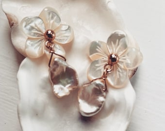 Mother of Pearl Flower Earrings: Rose Gold Sterling Silver, Freshwater Pearl Drops