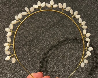 Mother of Pearl Leaf Bridal Halo: Gold Boho Tiara Headband