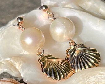Pearl & Shell Rose Gold Earring Drops - June Birthstone Jewellery
