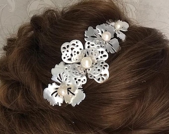 Jasmine Hair Adornment.  Wedding Tiara.  Side Tiara with Pearls & Delicate Silver Flowers - Summer Wedding Accessories.  Wedding Hair Styles