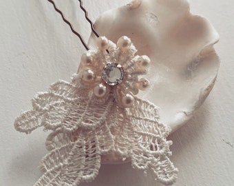 Pearl & Chantilly Lace Bridal Hair Pin: Hand Sewn Flower
