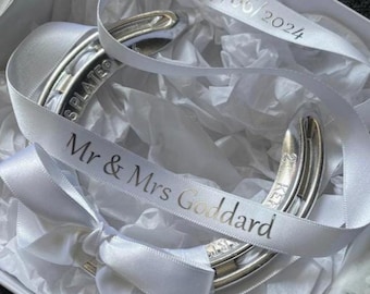 Personalised Wedding Horseshoe: Satin Ribbon, Good Luck Keepsake, Newlywed Lucky Charm Gift