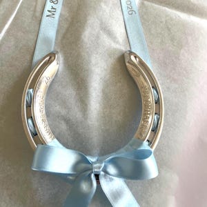 Personalised Wedding Lucky Horseshoe, Silver Keepsake with Satin Ribbon Bow, Christening, Home, New Born Gift, Newlywed Custom Present image 5