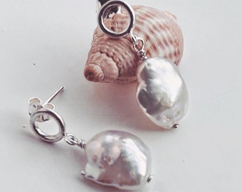 Baroque Pearl Silver Circle Stud Earrings - Freshwater Pearls June Birthstone Jewellery
