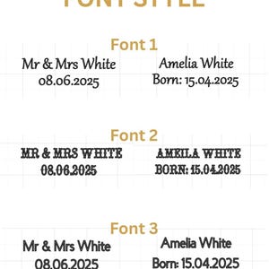 May include: Three different font styles for a wedding or birth announcement. The first font is a cursive script, the second is a bold block font, and the third is a simple sans-serif font. The text includes "Mr & Mrs White", "Amelia White", "Born: 15.04.2025", and "08.06.2025".