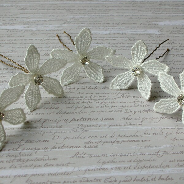Arabella Diamanté Hair Pins (Set of 5) - Lace Flower Headpiece - Ivory Guipure Lace Grips for Wedding Hair- Boho Bridal Accessory