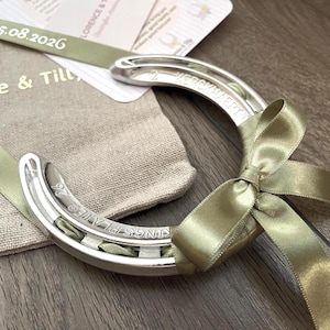 Personalised Wedding Lucky Horseshoe, Silver Keepsake with Satin Ribbon Bow, Christening, Home, New Born Gift, Newlywed Custom Present image 4