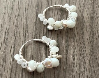 Crystal and Freshwater Pearl Hoop Earrings: Sterling Silver, One-of-a-Kind