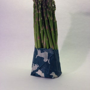 Peut inclure: Une botte d'asperges vertes fra&icirc;ches envelopp&eacute;es dans un emballage alimentaire r&eacute;utilisable bleu et blanc.