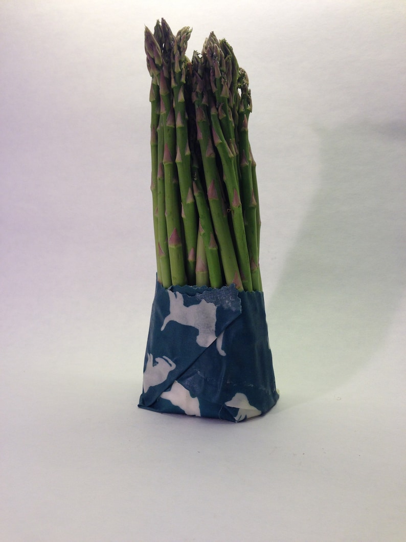 Peut inclure: Une botte d'asperges vertes fra&icirc;ches envelopp&eacute;es dans un emballage alimentaire r&eacute;utilisable bleu et blanc.