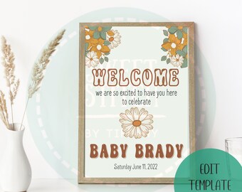 Groovy Baby Shower Welcome Sign - 70s Vibe Groovy Baby Shower- Flower Power Baby Shower- Baby Shower Welcome Sign Editable