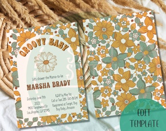 Groovy Baby Shower bearbeitbare Einladung- 70s Vibe Groovy Baby Shower- Flower Power Baby Shower- Baby Girl Shower Einladung- bearbeitbar