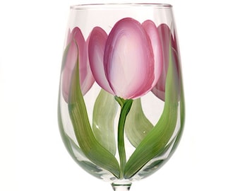 Wine Glass - Pink & Cream Tulips Hand Painted