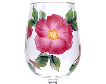 Wine Glass - Pink Beach Roses Hand Painted