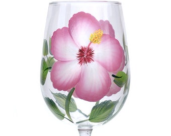 Wine Glass - Pink & White Hibiscus Hand Painted