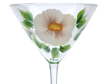 Martini Glass - White Beach Roses Hand Painted