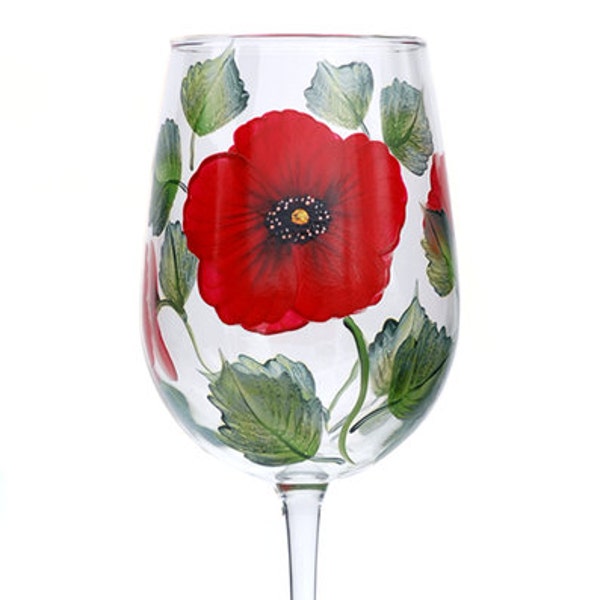 Wine Glass - Poppies Hand Painted