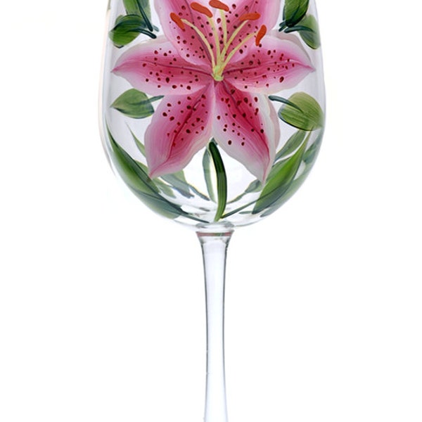 Wine Glass - Stargazer Lily Hand Painted