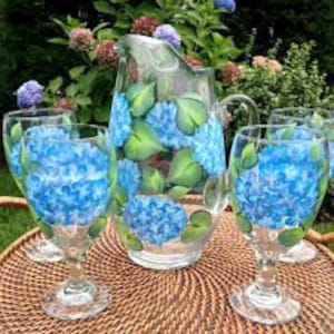 Entertaining Set - Blue Hydrangeas (5-Piece Sangria, Lemonade, Water) Hand Painted