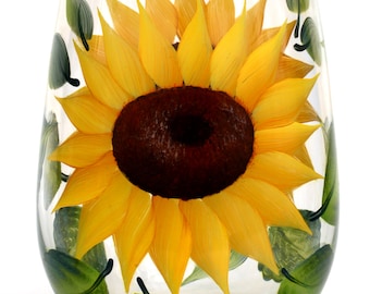 Stemless Wine Glass - Sunflower Hand Painted