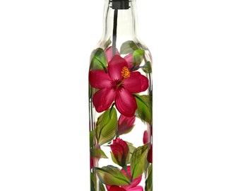 Hand Painted Olive Oil Bottle - Hibiscus (Olive Oil, Salad Dressing, Dish Soap) Hand Painted