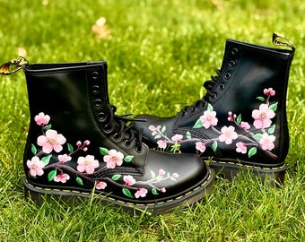 Hand Painted Cherry Blossom Dr. Martens Boots - Women’s Size 8