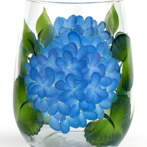 Stemless Wine Glass - Blue Hydrangeas Hand Painted