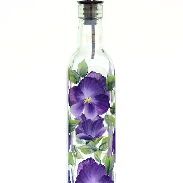 Oil Bottle - Purple Pansies (Olive Oil, Salad Dressing, Dish Soap) Hand Painted