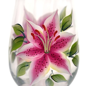 Stemless Wine Glass - Stargazer Lilies Hand Painted