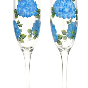 Champagne Flutes - Blue Hydrangeas Hand Painted