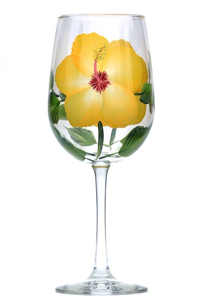 Set of 2 Hibiscus Yellow Hand Painted Wine Glasses 
