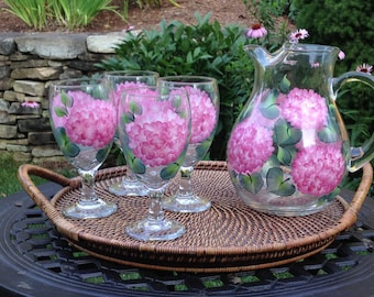 Entertaining Set - Pink Hydrangeas (5-Piece Sangria, Lemonade, Water) Hand Painted