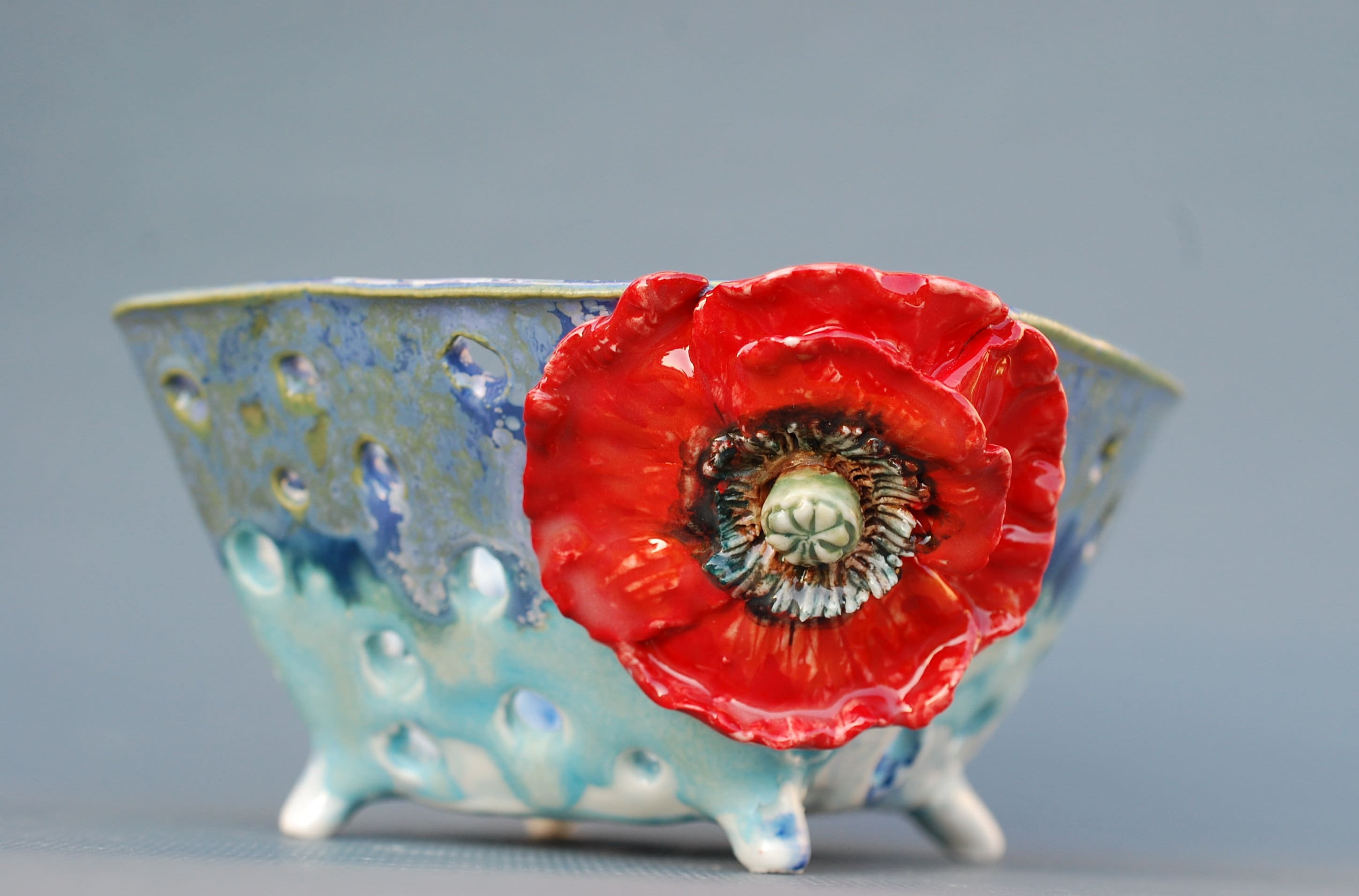 Ceramic berry bowl Poppy decor Blue vase with holes Candy bowl Etsy