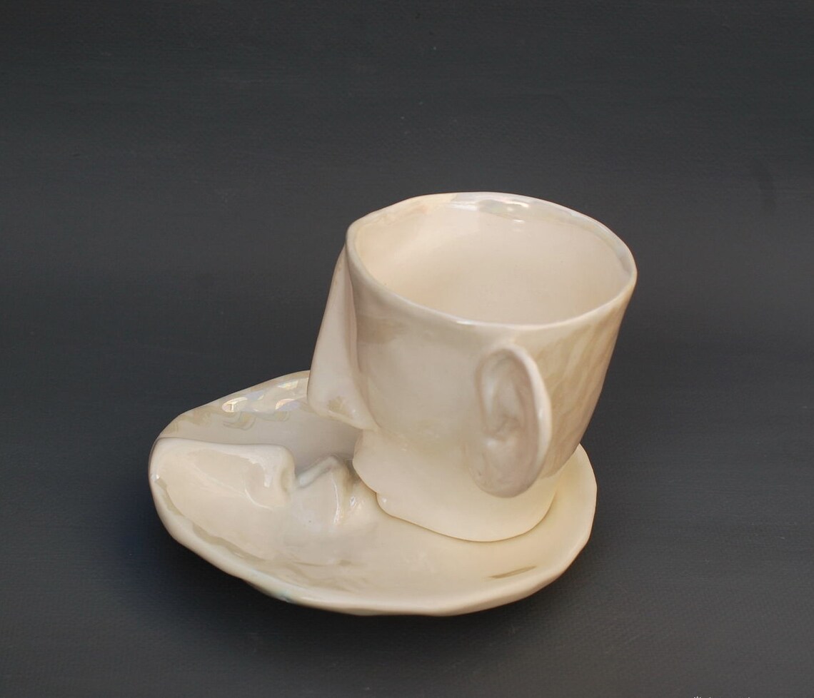 Tea cup Saucer Set Kiss Ceramics Art object Surrealism Face Etsy
