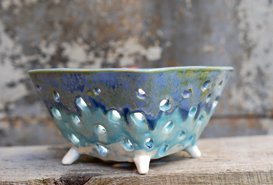 Ceramic berry bowl Poppy decor Blue vase with holes Candy bowl Etsy