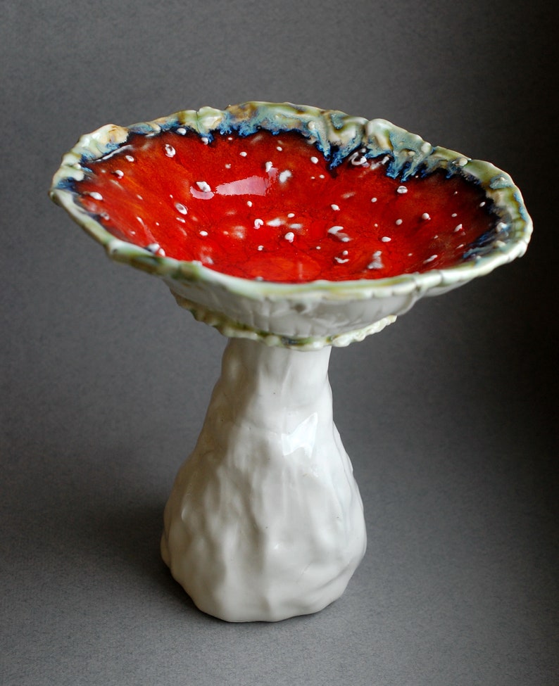 Mushroom vase Ceramic sculpture Red Amanita statuette Candy bowl Decorative vase figurine Alice in wonderland style Decorative Centerpiece