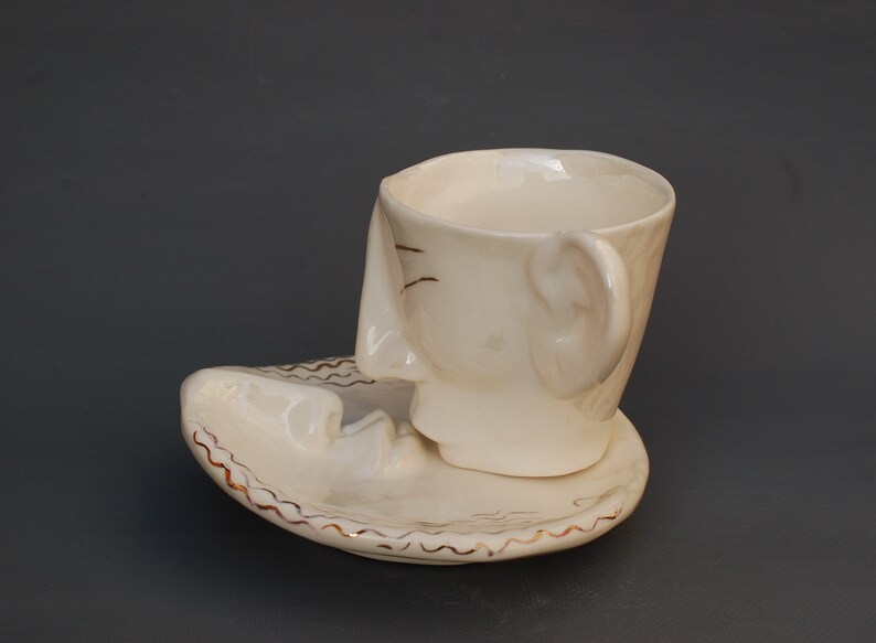 Tea cup Saucer Set Kiss Ceramics Art object Surrealism Face Etsy