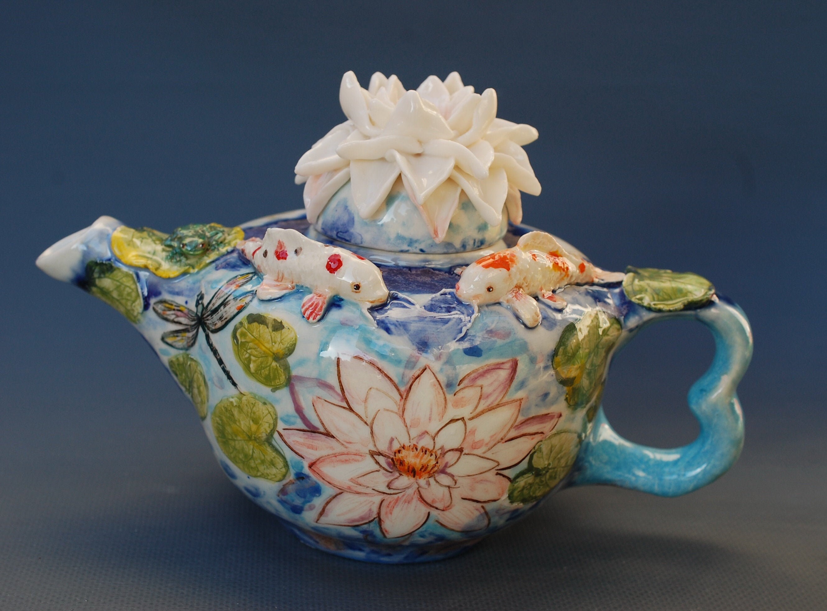 Blue art teapot Koi Fish decor Beautiful handmade porcelain Etsy