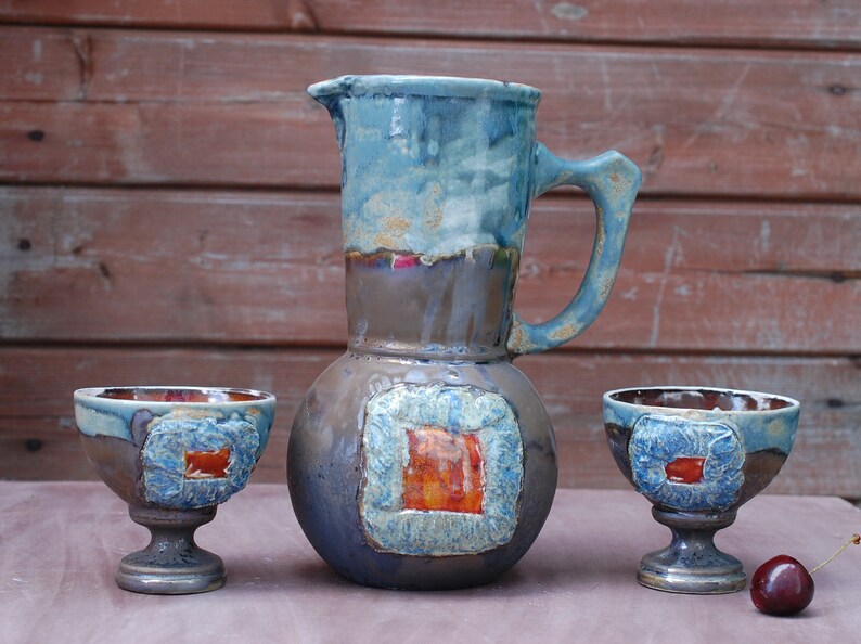 Ceramic jug online shop and set goblets Pottery Milwaukee Mall Blue brown pitcher Wine