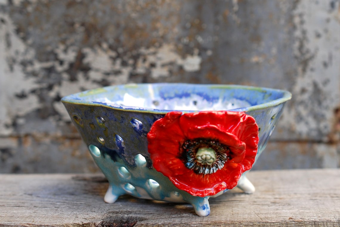 Ceramic berry bowl Poppy decor Blue vase with holes Candy bowl Etsy