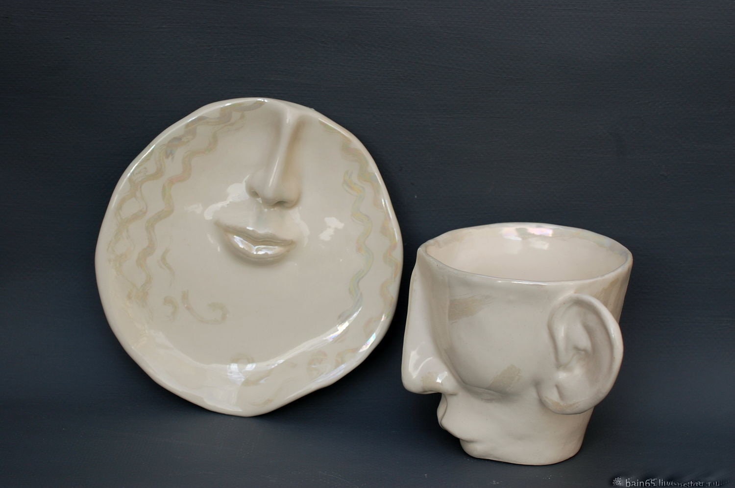 Tea cup Saucer Set Kiss Ceramics Art object Surrealism Face Etsy