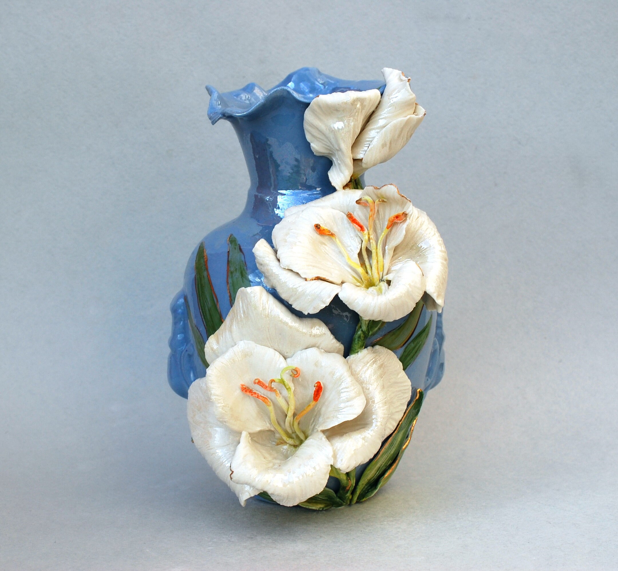 Blue Porcelain Vase Flower Figurine White Gladiolus Applied Etsy