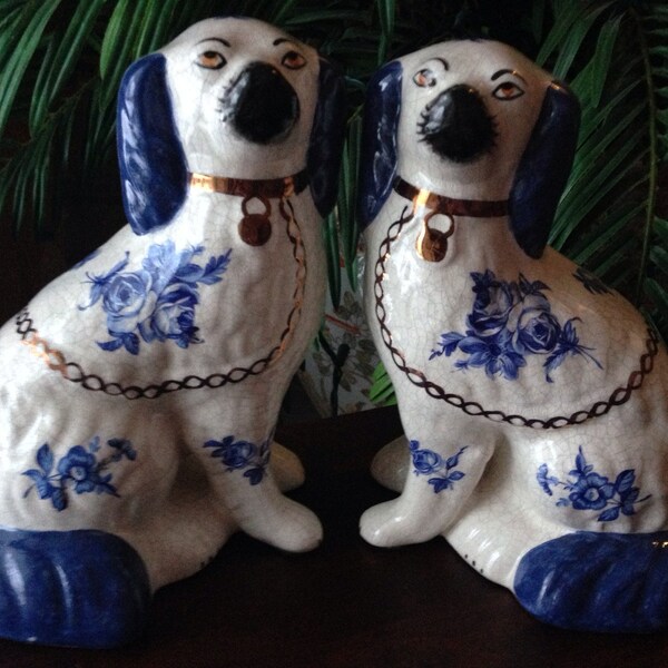 Large Pair Staffordshire Blue and White Spaniels.  Original Molds
