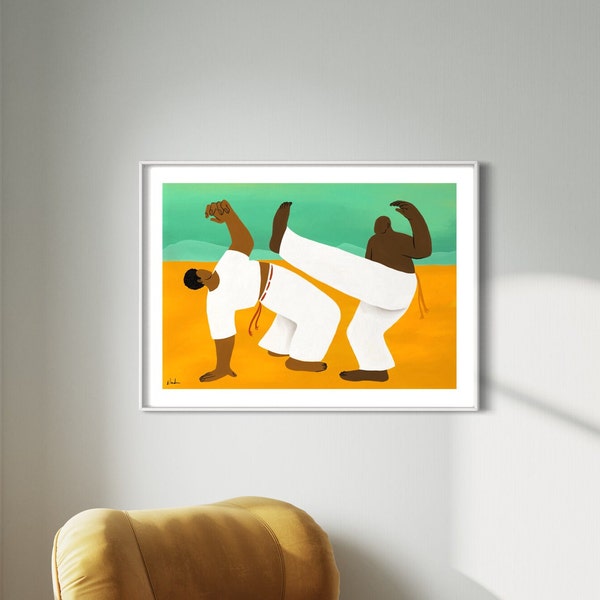 Capoeirakunstprint, maximalistische stijl, rustgevend muurdecor
