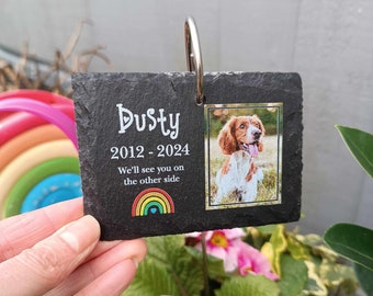 Memorial de mascotas FOTO Jardín rústico pizarra y gancho / Pérdida de mascota / Placa conmemorativa / Pérdida de perro / Regalo de duelo por mascota