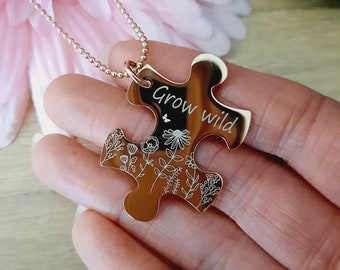 Mother's day gift - Jigsaw Piece Engraved Necklace / Rose Gold / Wild Flowers / Grow Wild / Personalised Jigsaw