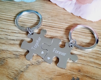 Mother's day gift - Small Jigsaw Piece Keyring Set - Engraved - Wedding / Anniversary / Valentines / Love Gift / His & Hers