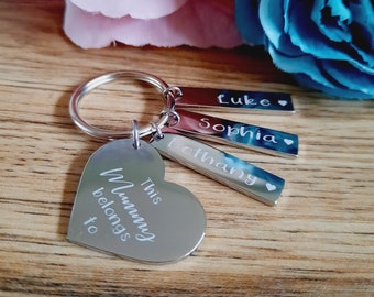 May include: Silver heart-shaped keyring with the text "This Mummy belongs to" and three silver tags with the names "Luke", "Sophia", and "Bethany" engraved on them.