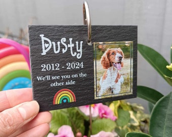 Pizarra y gancho para jardín con foto de mascota / Pérdida de mascota / Placa conmemorativa / Pérdida de perro / Regalo de duelo por mascota