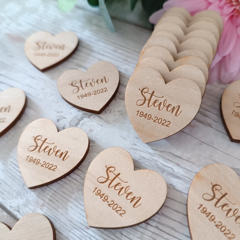 Funeral Favours / In Memory / Heart Funeral Tokens / Personalised Bereavement Keepsake / Wooden Hearts / Memorial Gift image 7